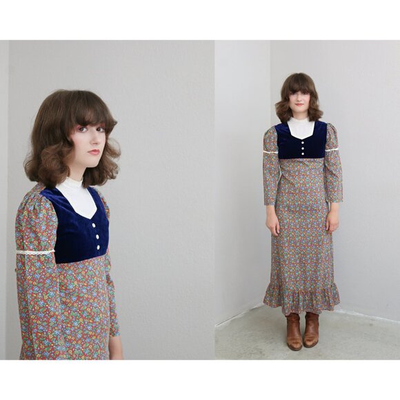 1970's Kaz of California Flower Prairie Dress // Girl's Size 8 to 10 // Medium - Picture 1 of 8